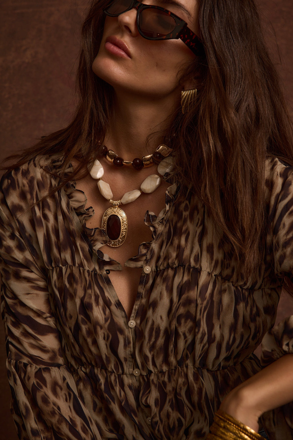 Šifonová halenka s dlouhým rukávem a leopardím vzorem Alba