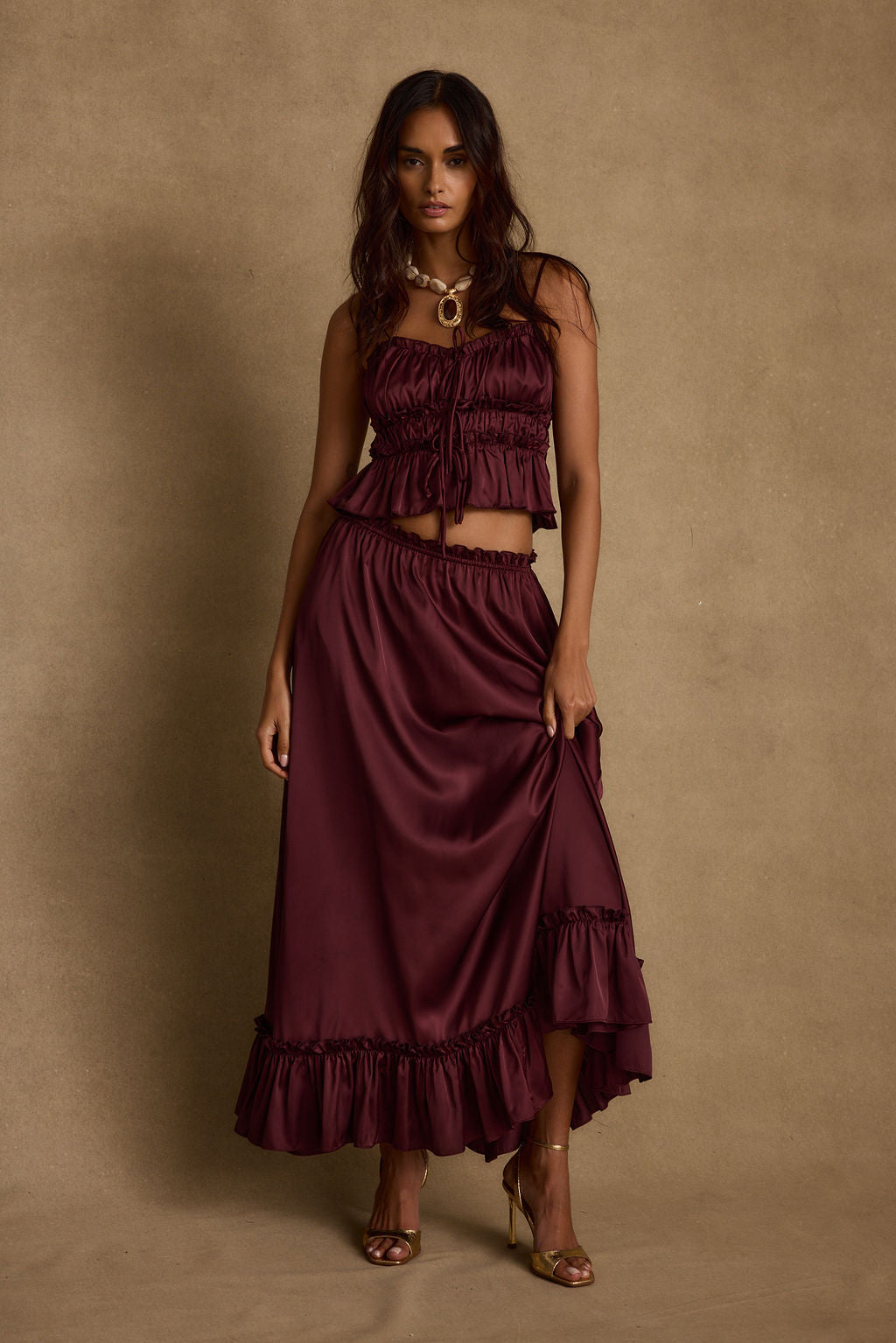 Saténová maxi sukně Dahlia Mulberry