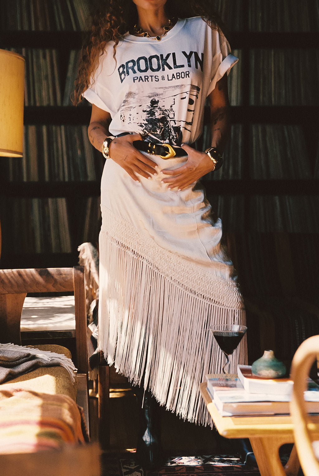 Krémová saténová žakárová midi sukně Frankie s třásněmi