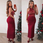 Vestido longo drapeado de renda – Bordô