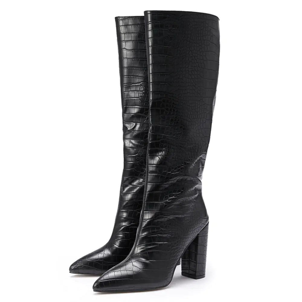 Aileda Knee-High Pointed Thick Heel Boots