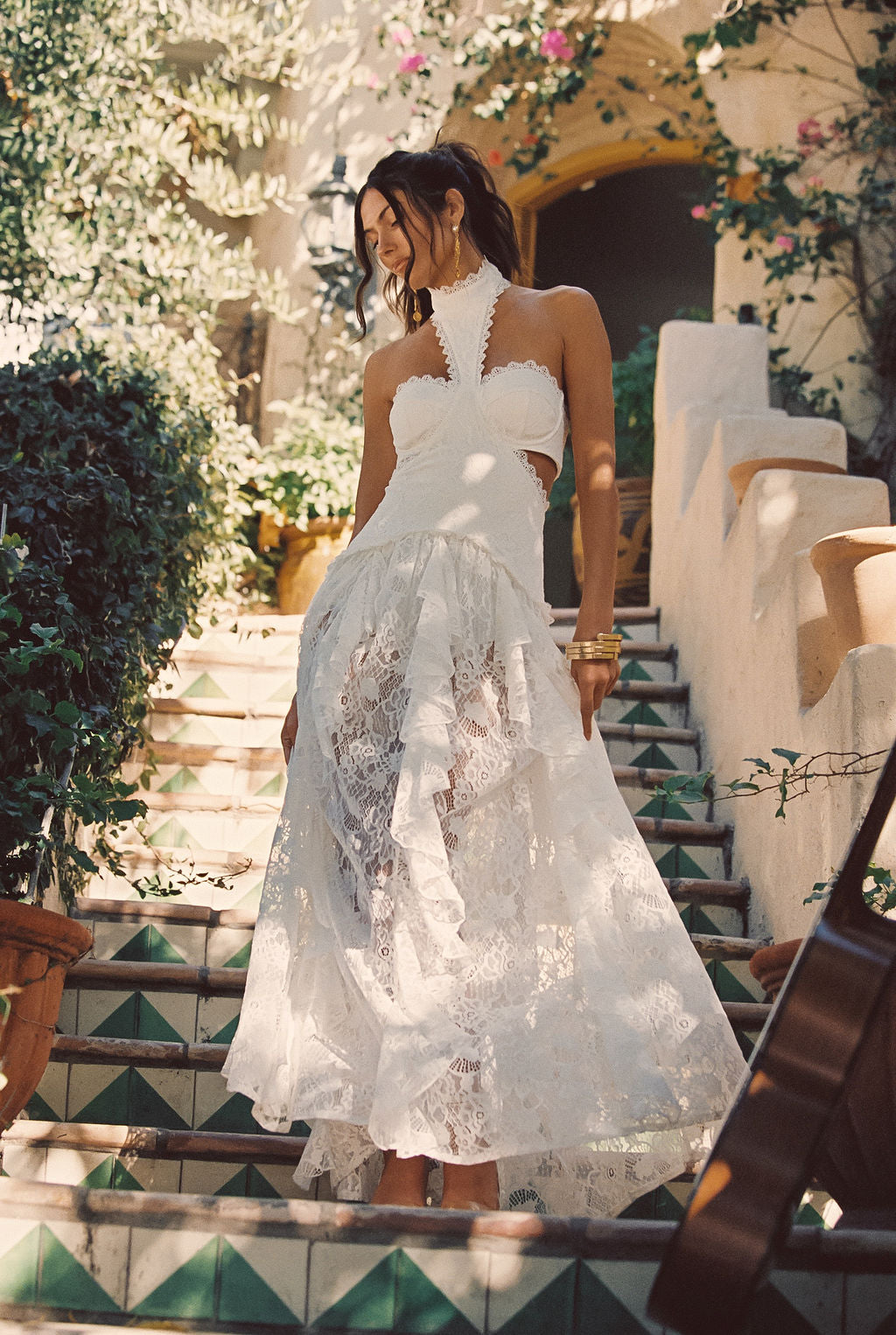 Bílé krajkové maxi šaty Princesa s nízkým pasem