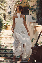 Bílé krajkové maxi šaty Princesa s nízkým pasem