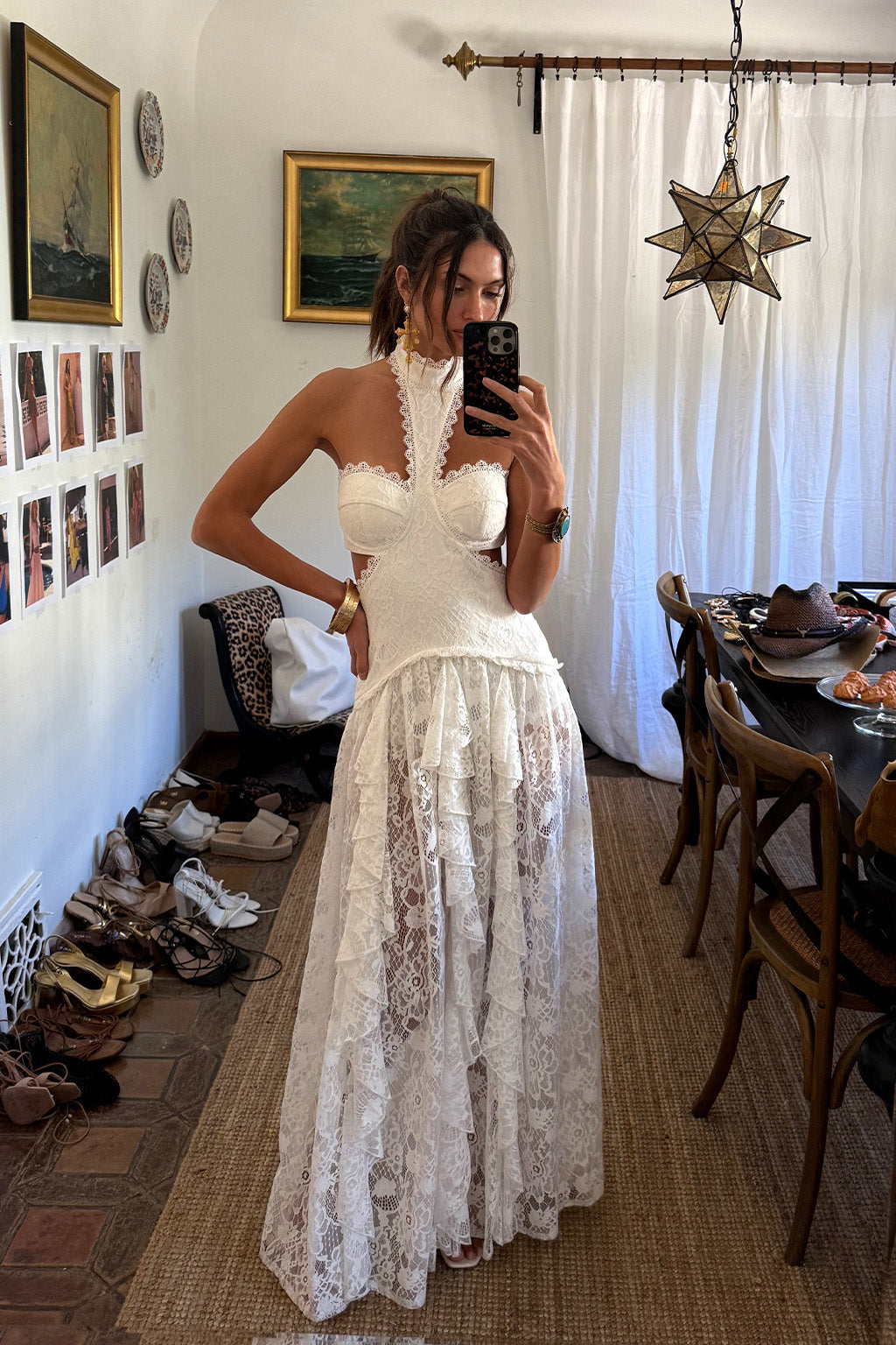 Bílé krajkové maxi šaty Princesa s nízkým pasem